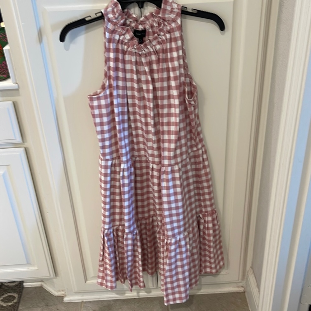 Pink and white checked tiered dress!